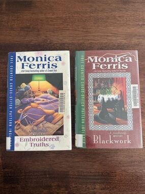 2 Hardcover books by Monica Ferris Blackwork & Embroidered Truths